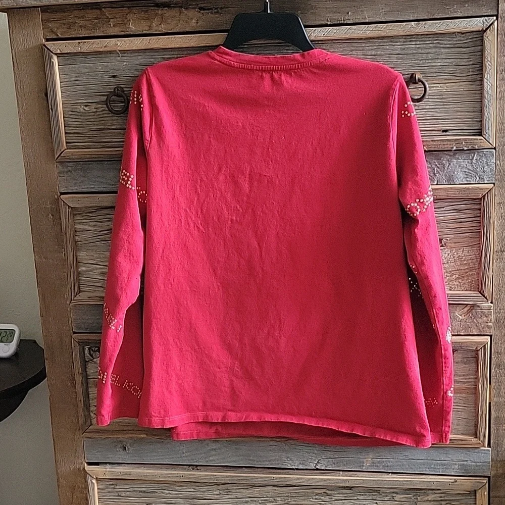 Michael Kors Red Long Sleeve Top, Gold Logo Studs, Round Neck, 100% Cotton LG - Picture 2 of 8